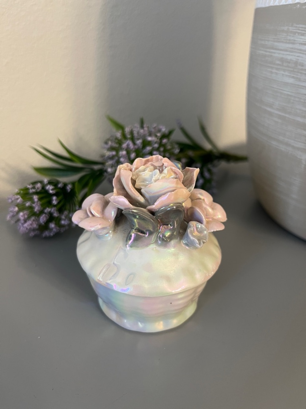 Vintage Pink Iridescent Floral Trinket Jar